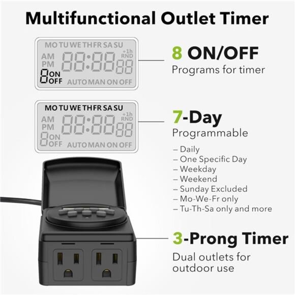 7Day Outdoor HeavyDuty Digital Programmable Timer,Outdoor TimerOutlet Waterproof - Picture 2 of 7